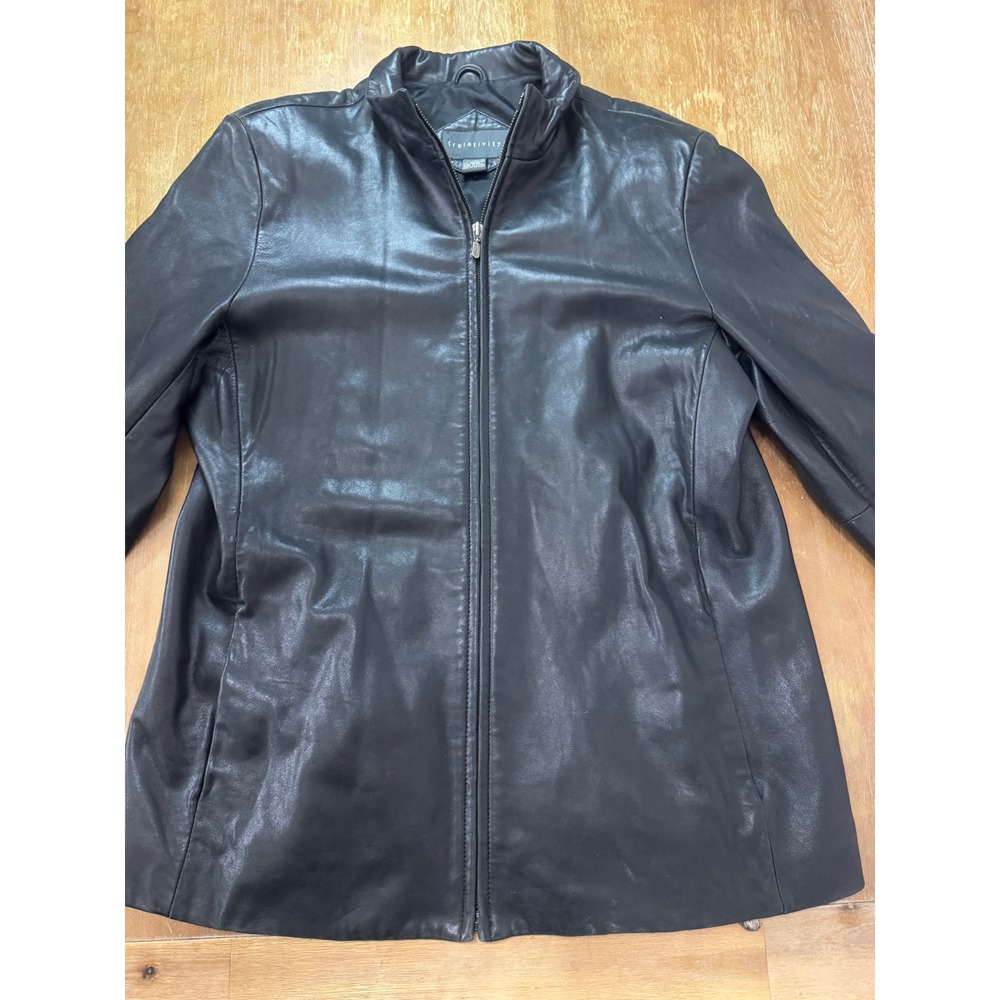 Relativity Womens XL Black Genuine Leather Jacket Full Zip Mock Neck Outerwear